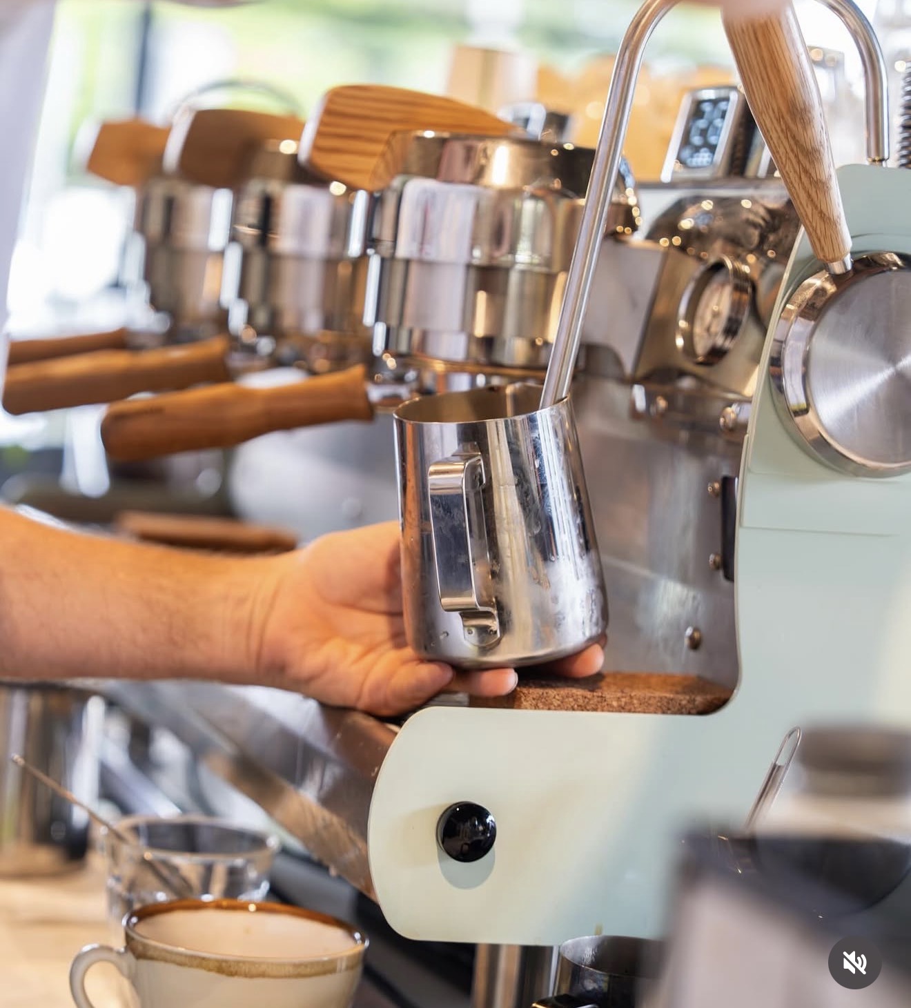 Steaming milk at the custom sage-green Synesso MVP Hydra